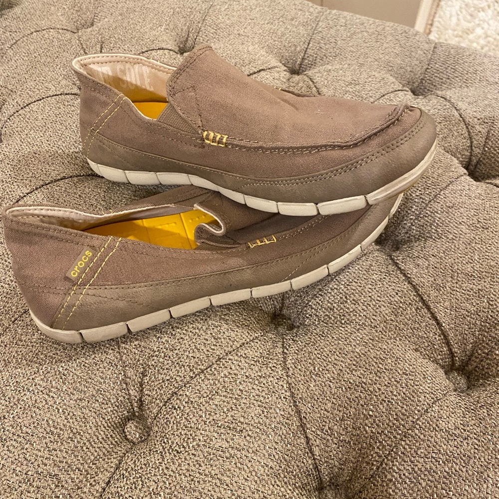 CROCS Brown Loafers with Yellow Accents